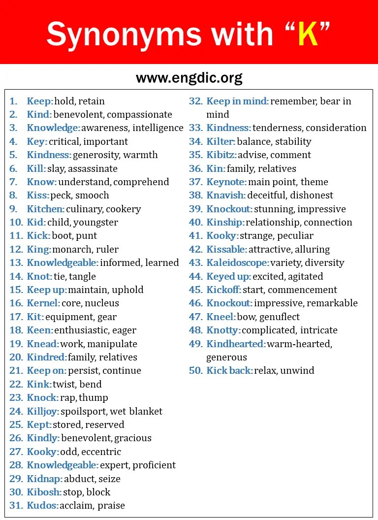 100 Synonyms That Starts with K, Synonyms with K EngDic