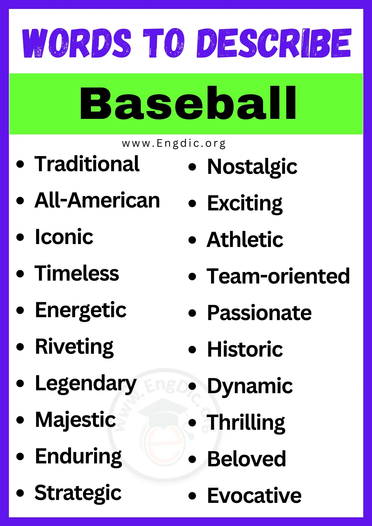 20+ Best Words to Describe Baseball, Adjectives for Baseball - EngDic