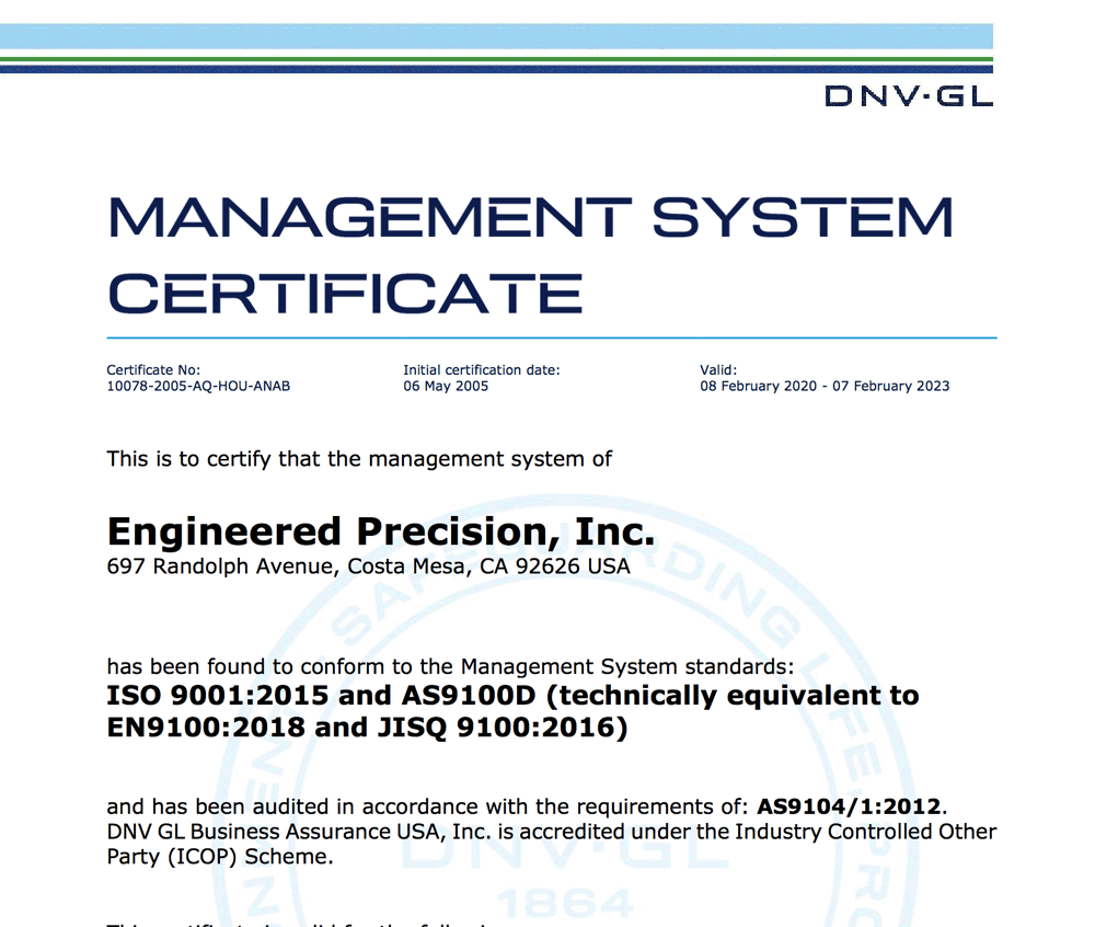 ISO 90012015 / AS9100 Rev. D Certificate Engineered Precision