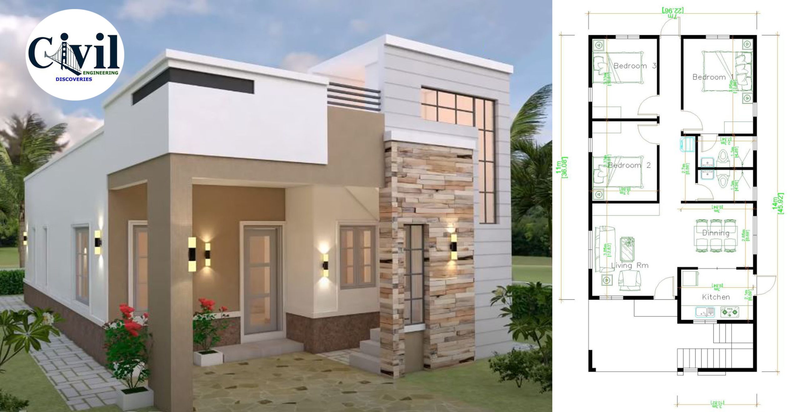 House Design Plans 7×14 m (23×46 ft) With 3 Bedrooms Engineering