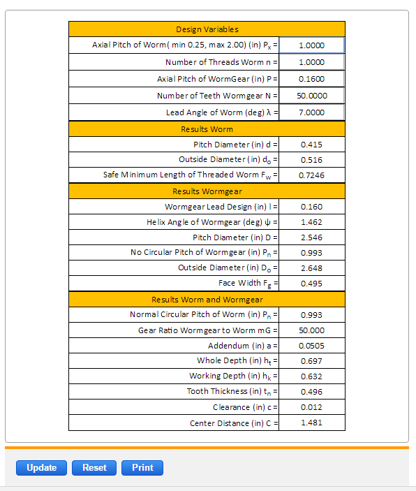 Worm and WormGear Design Equations and Calculator