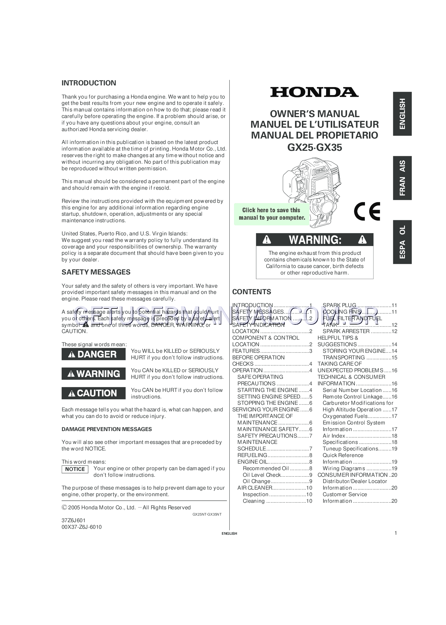 Honda Moteurs GX25 Le manuel du propriétaire téléchargement libre