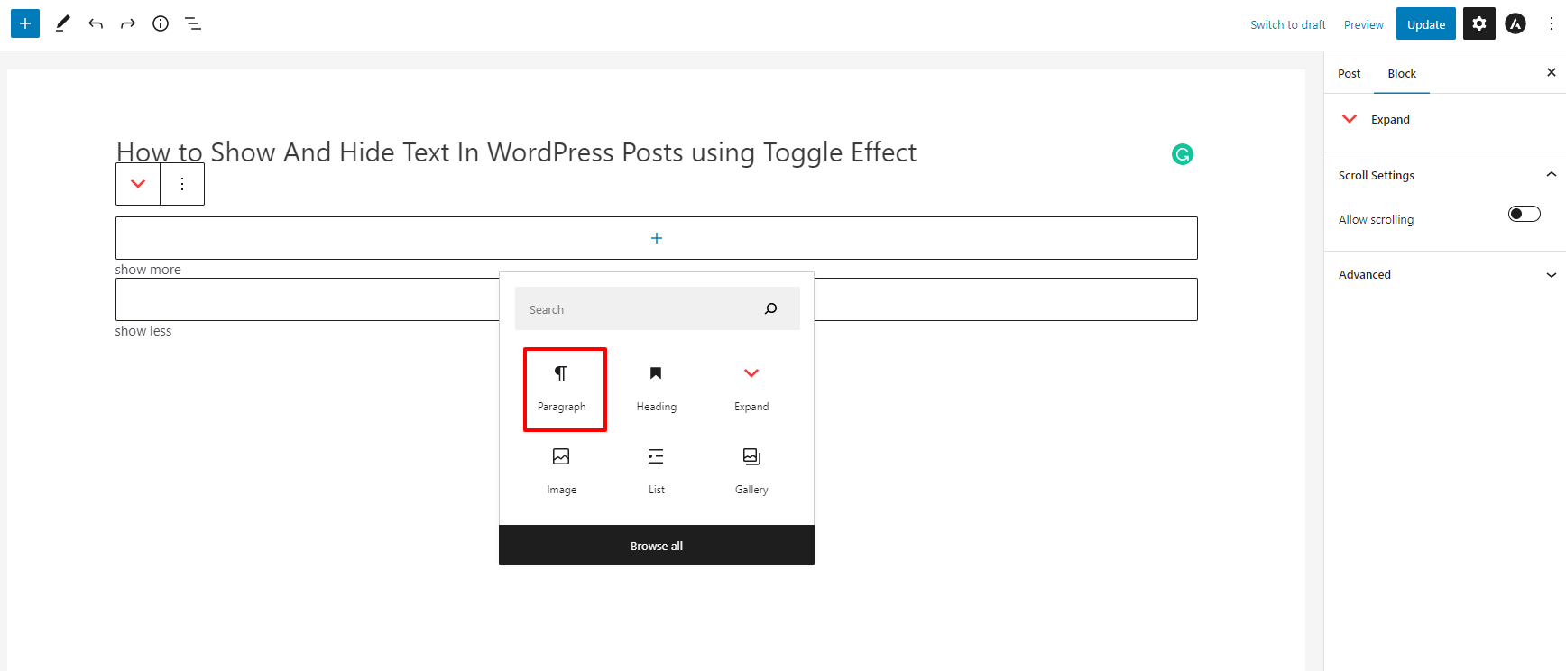 How to Show And Hide Text In WordPress Posts using Toggle Effect 2024