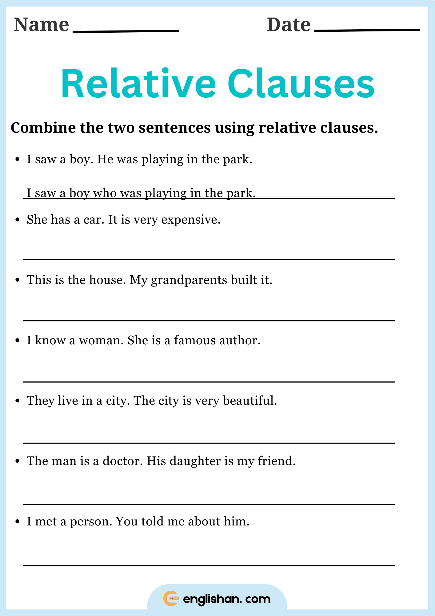 Relative Clauses Worksheets with Answers • Englishan