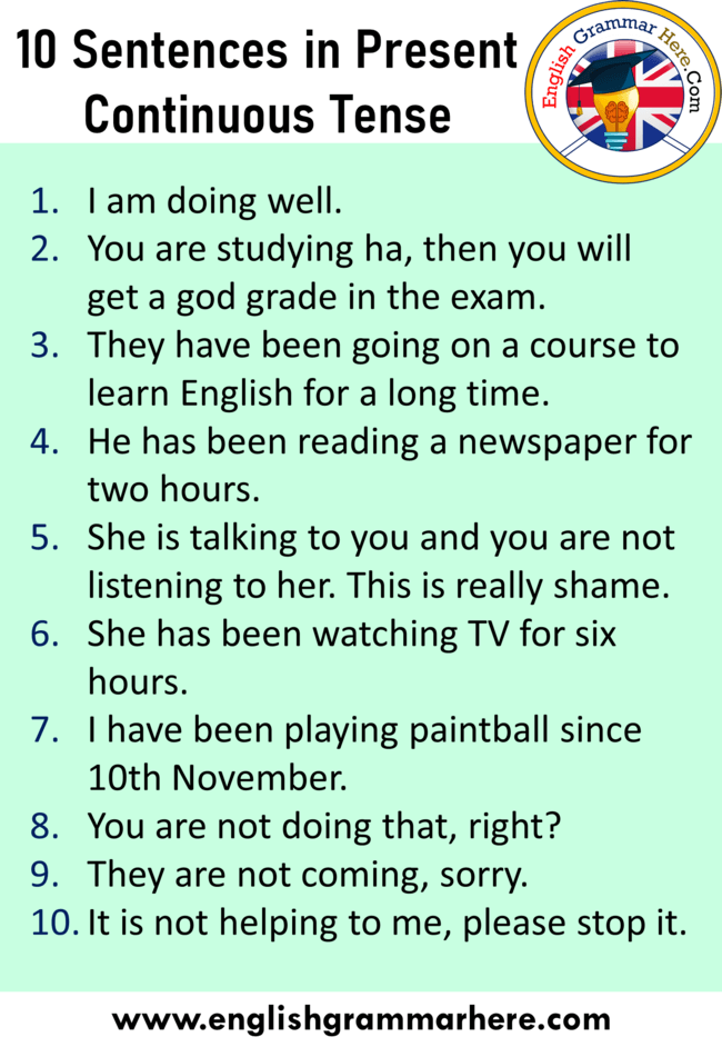 Verb + ing = present participle. 10 Sentences In Present Continuous Tense In English English Grammar Here