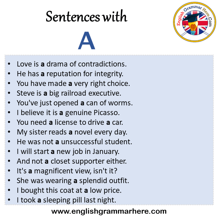 Sentences with A, A in a Sentence in English, Sentences For A English