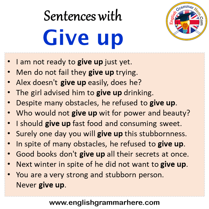 Sentences with Give up, Give up in a Sentence in English, Sentences For