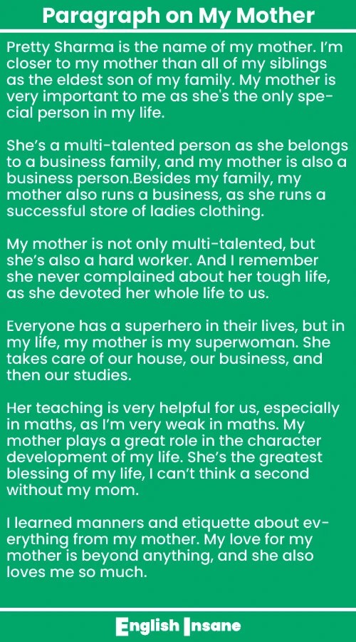 Paragraph on My Mother 100, 200, 300 words English Insane