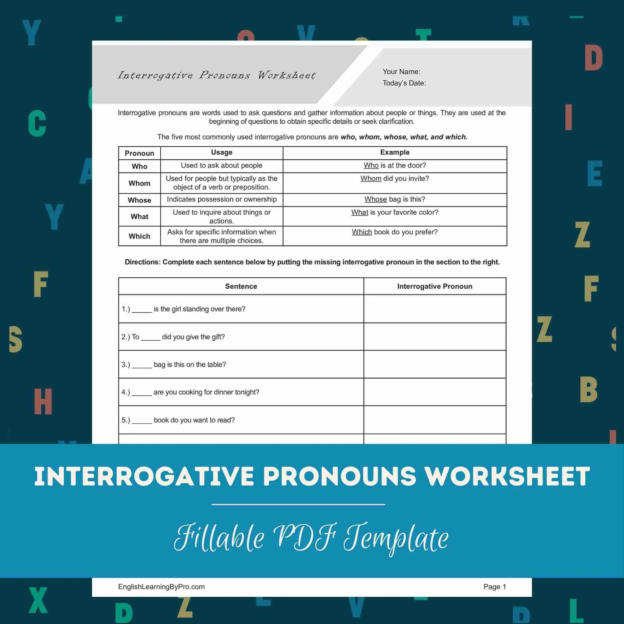 Interrogative Pronouns Worksheet (Editable, Fillable, Printable PDF