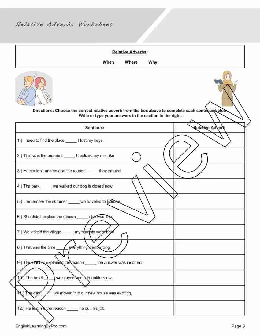 Relative Adverbs Worksheet (Editable, Fillable, Printable PDF