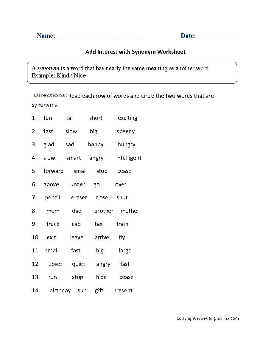 Vocabulary Worksheets Synonym and Antonym Worksheets