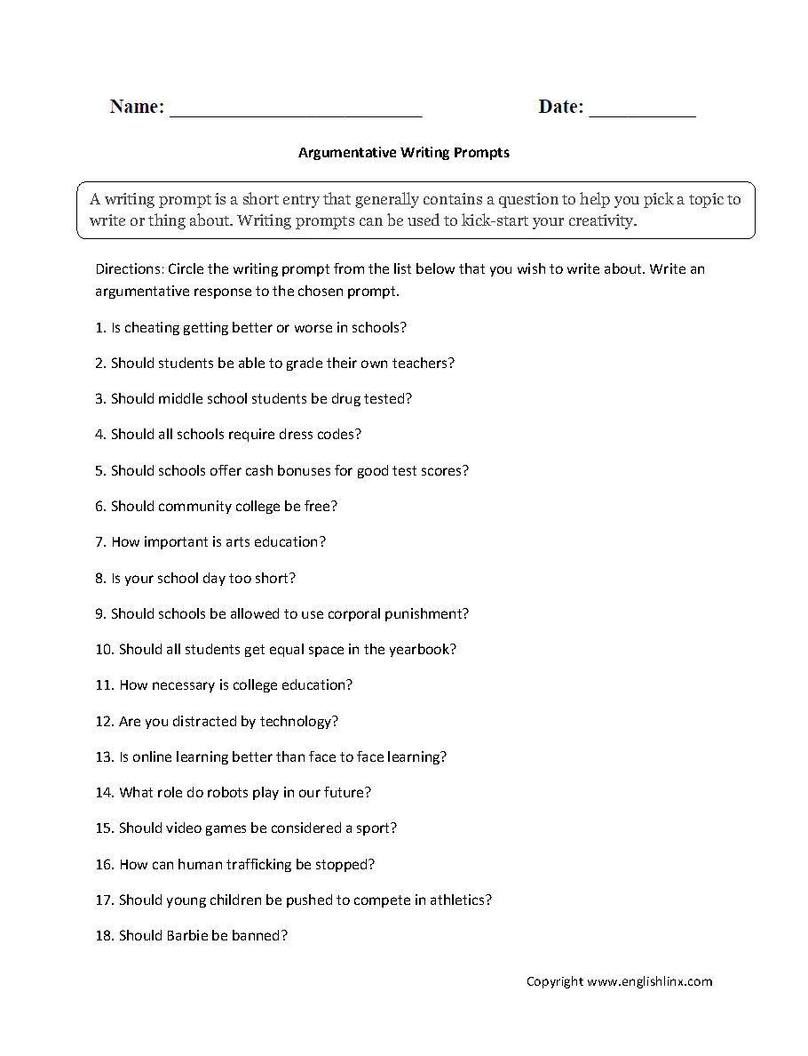Writing Prompts Worksheets Argumentative Writing Prompt Worksheets