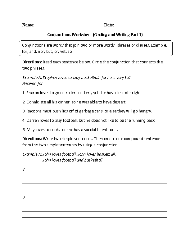 Conjunctions Worksheets