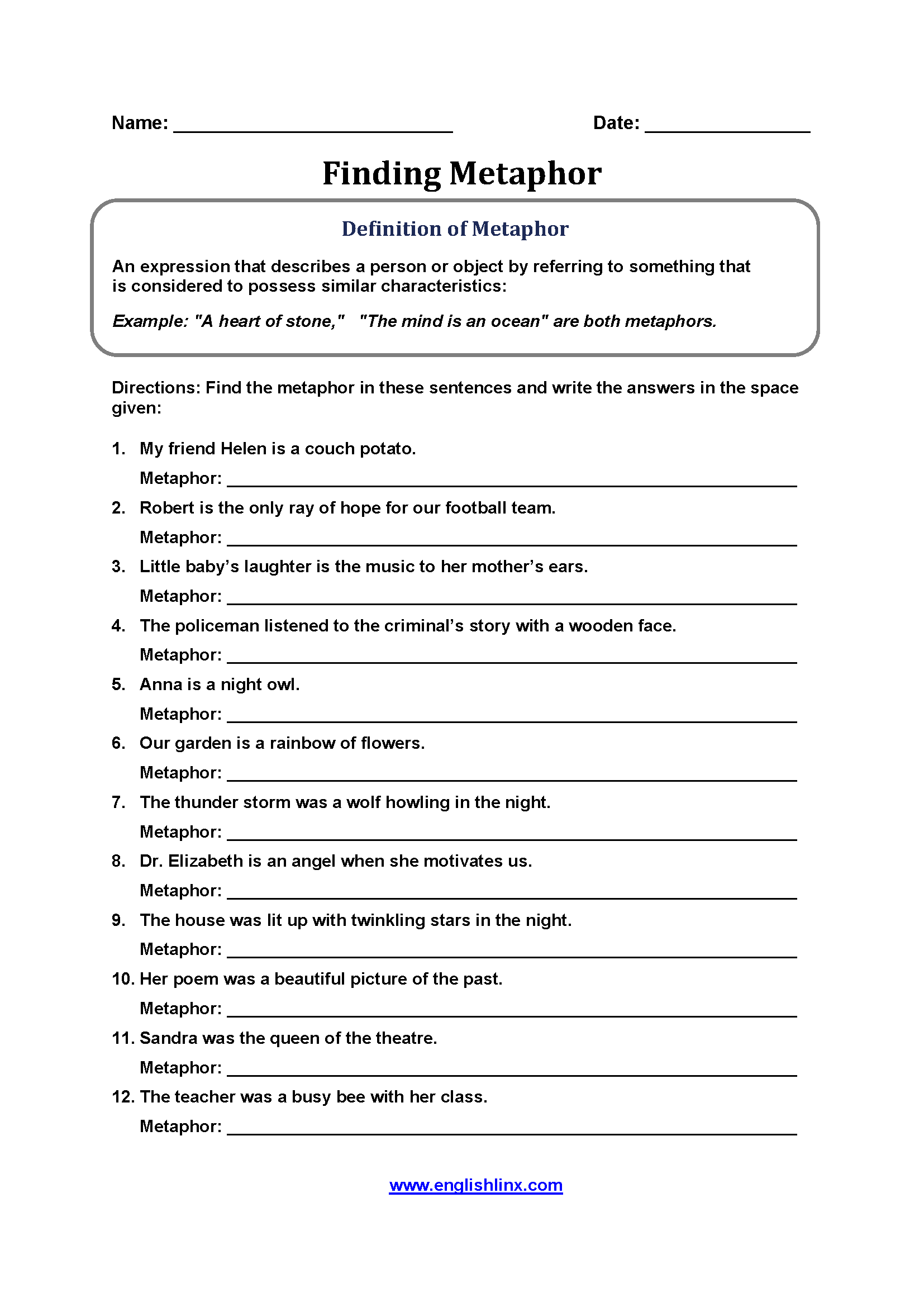 Figurative Language Worksheets Metaphor Worksheets