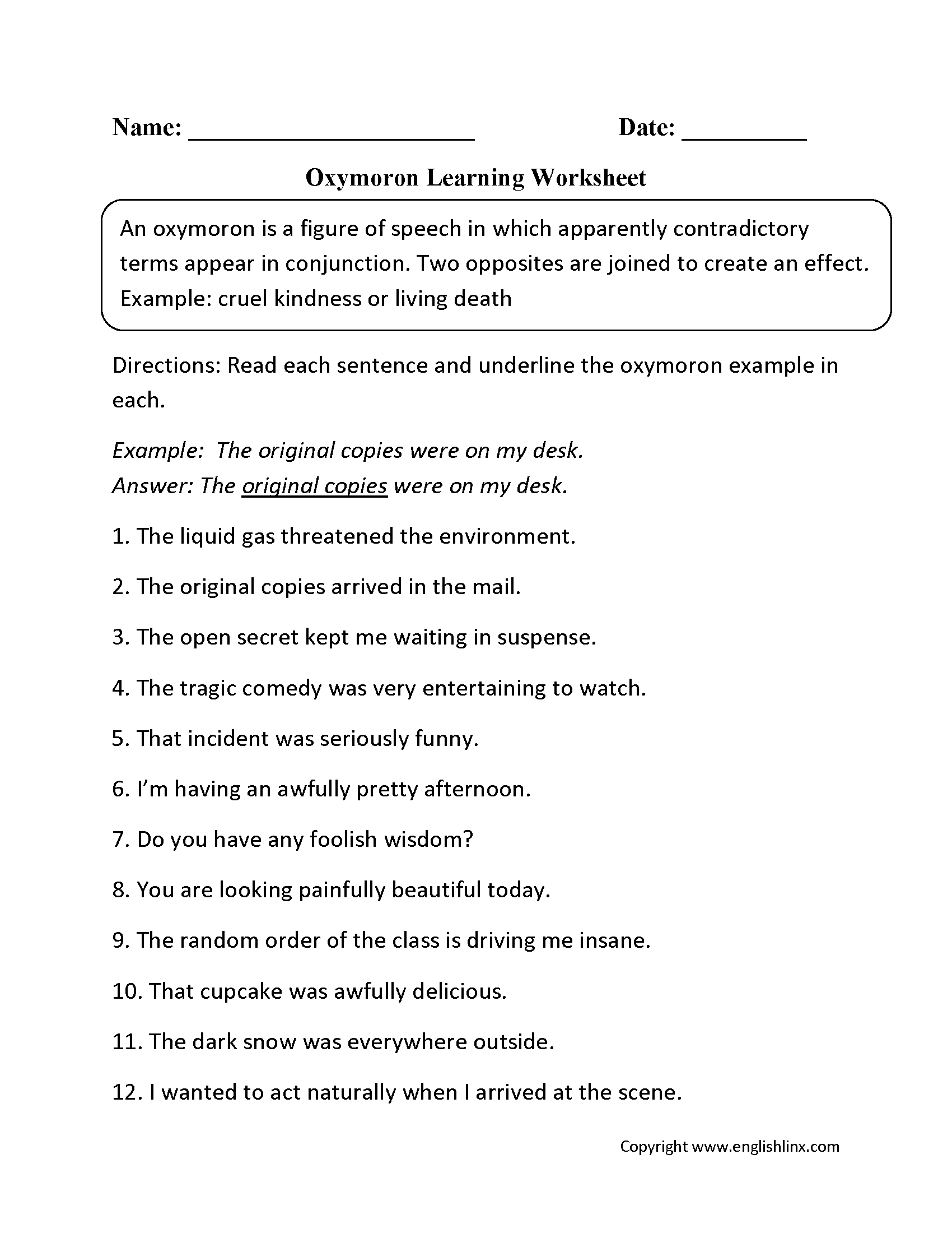 Figurative Language Worksheets | Oxymoron Worksheets