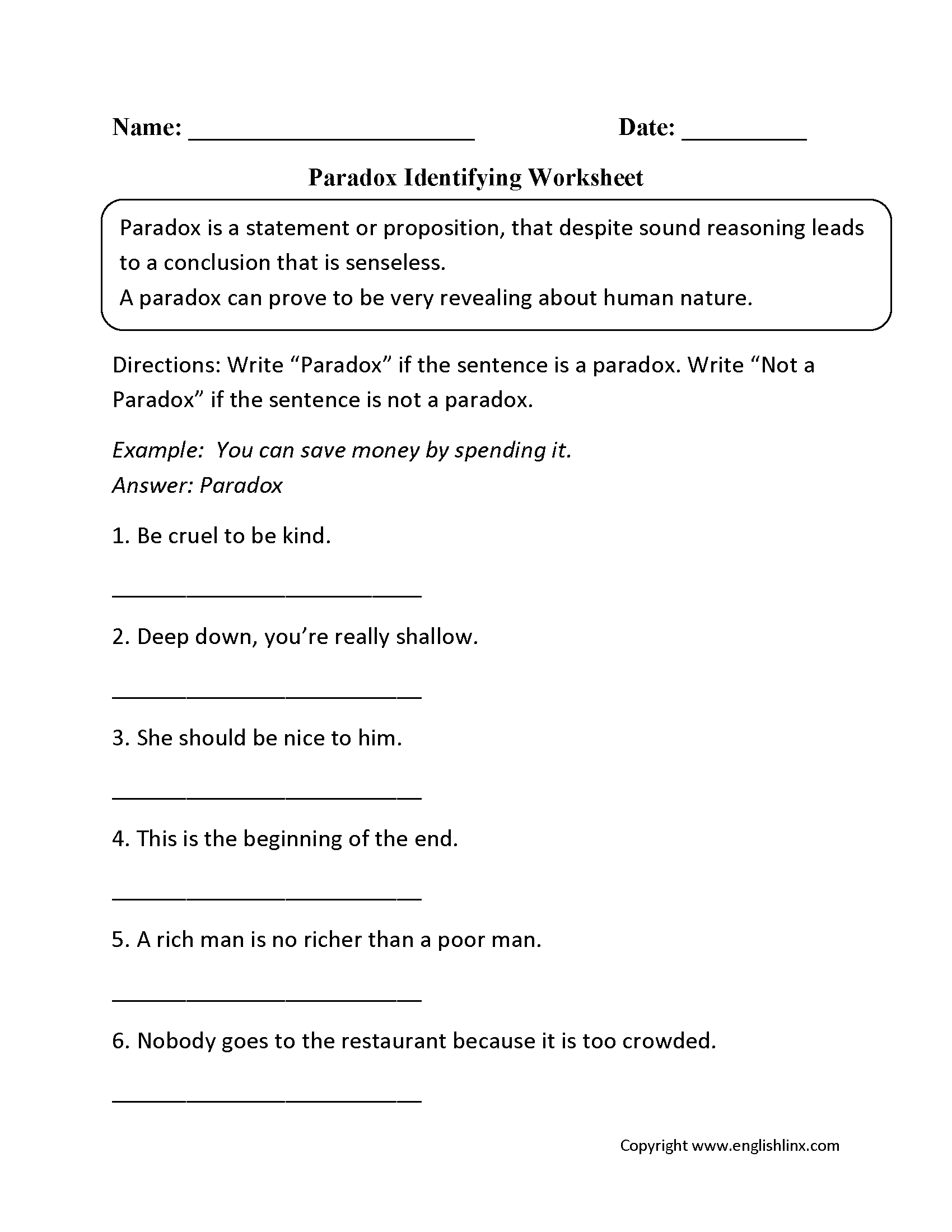 Figurative Language Worksheets Paradox Worksheets