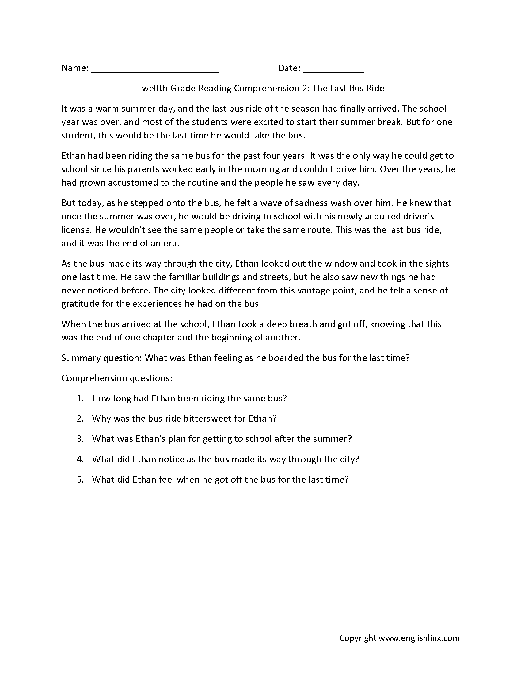 Reading Comprehension Worksheets | Twelfth Grade Reading Comprehension