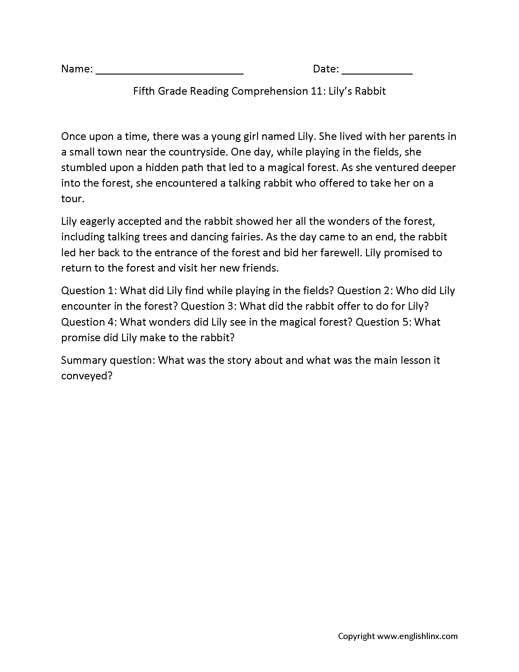 Reading Comprehension Worksheets | Fifth Grade Reading Comprehension