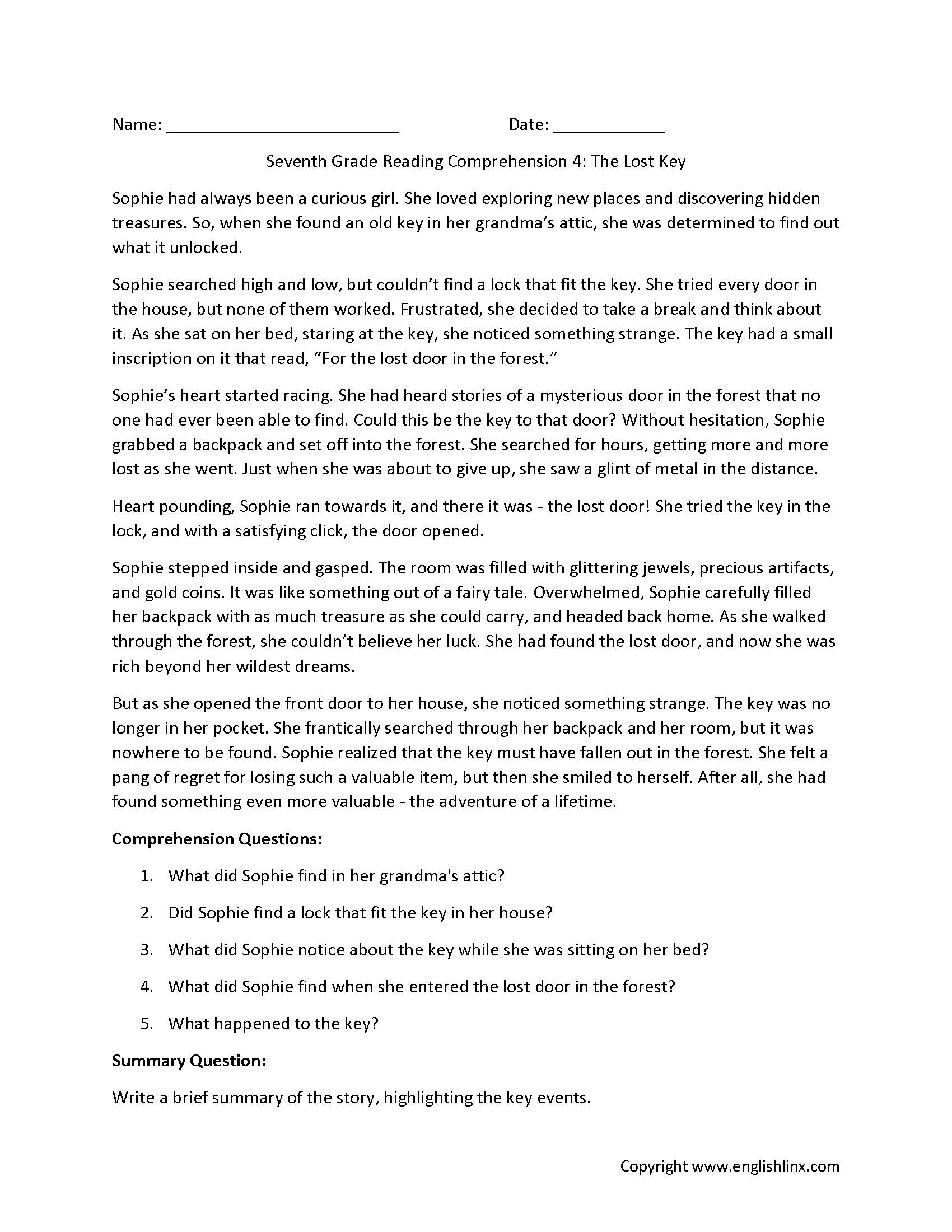 Reading Comprehension Worksheets | Seventh Grade Reading Comprehension