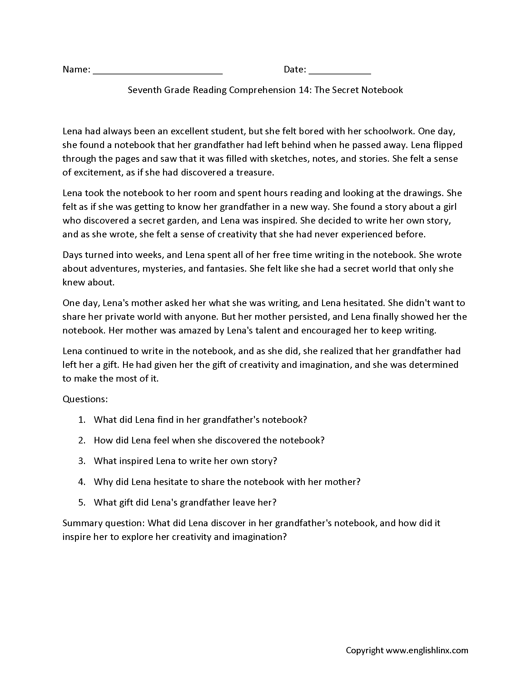 Reading Comprehension Worksheets | Seventh Grade Reading Comprehension