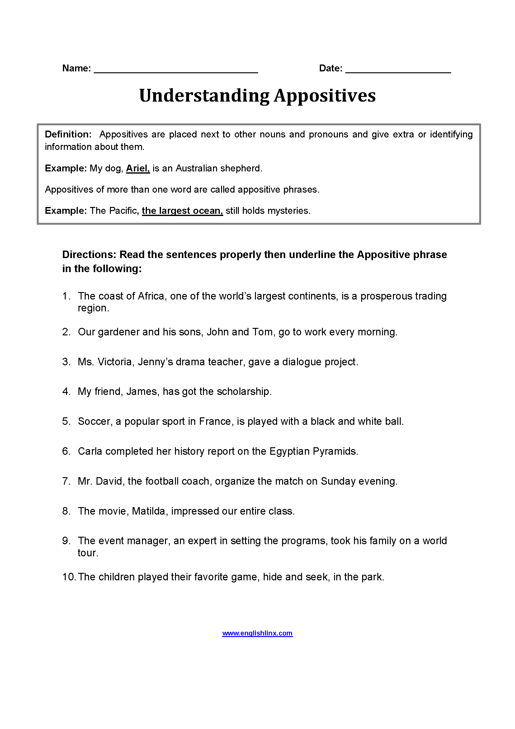Englishlinx.com | Appositives Worksheets