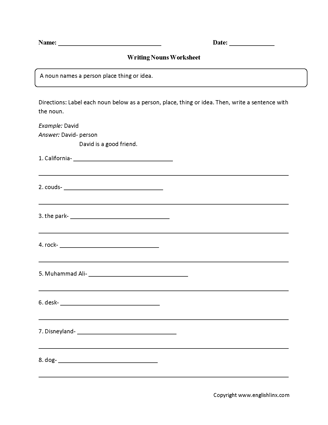 Regular Nouns Worksheets Writing with Nouns Worksheet