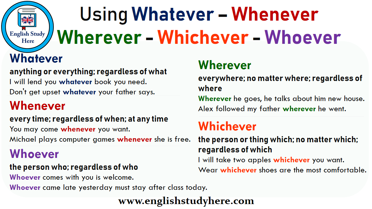 Using Whatever Whenever Wherever Whichever Whoever English