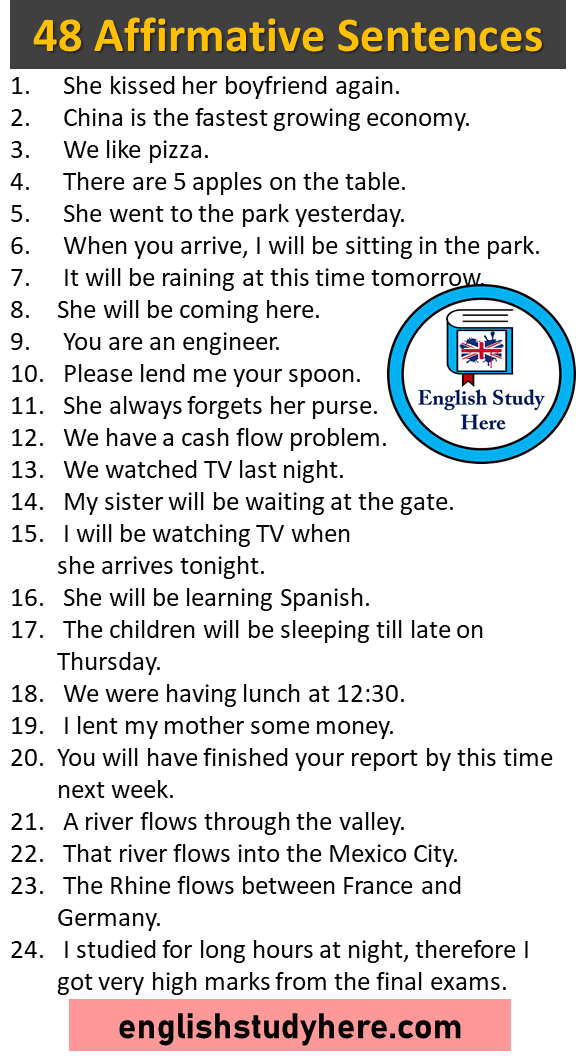 48 Affirmative Sentences Examples in English English Study Here