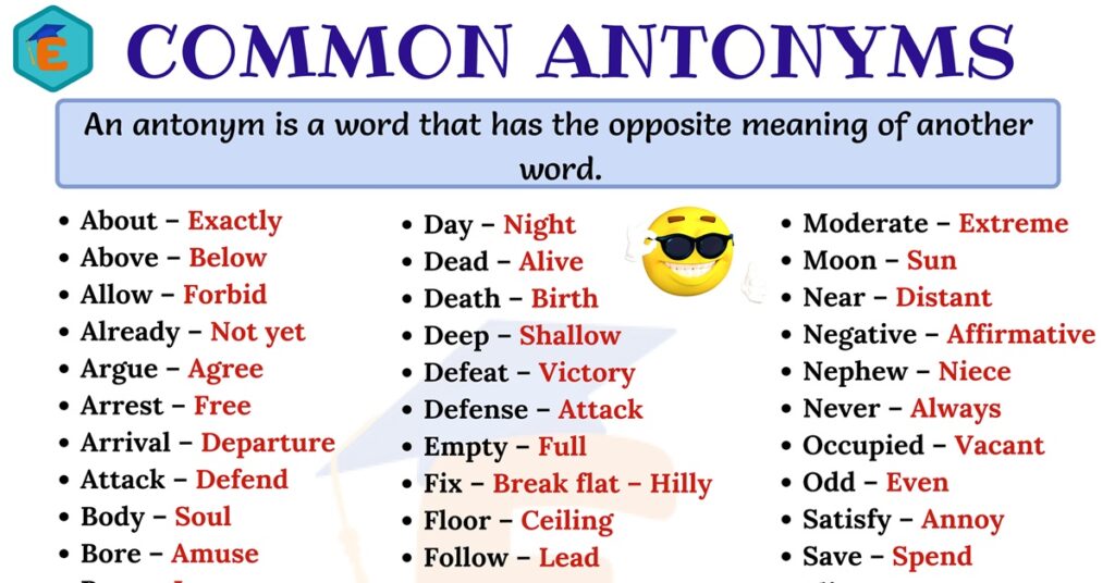 Commonly Used Antonyms Word List in English English Study Online