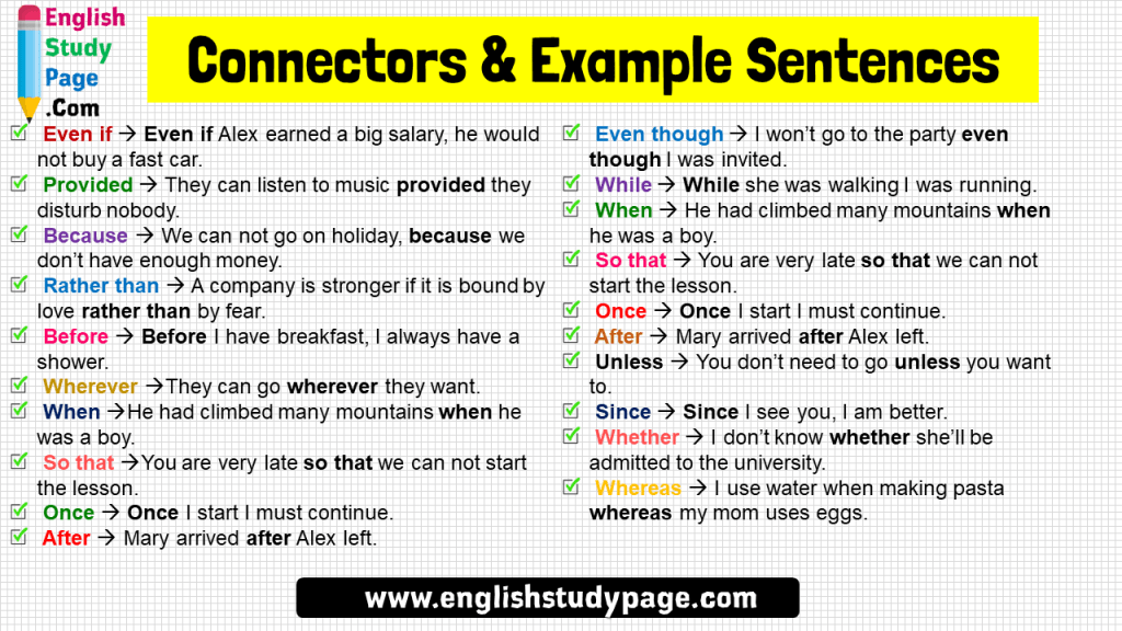 Connectors & Example Sentences in English English Study Page
