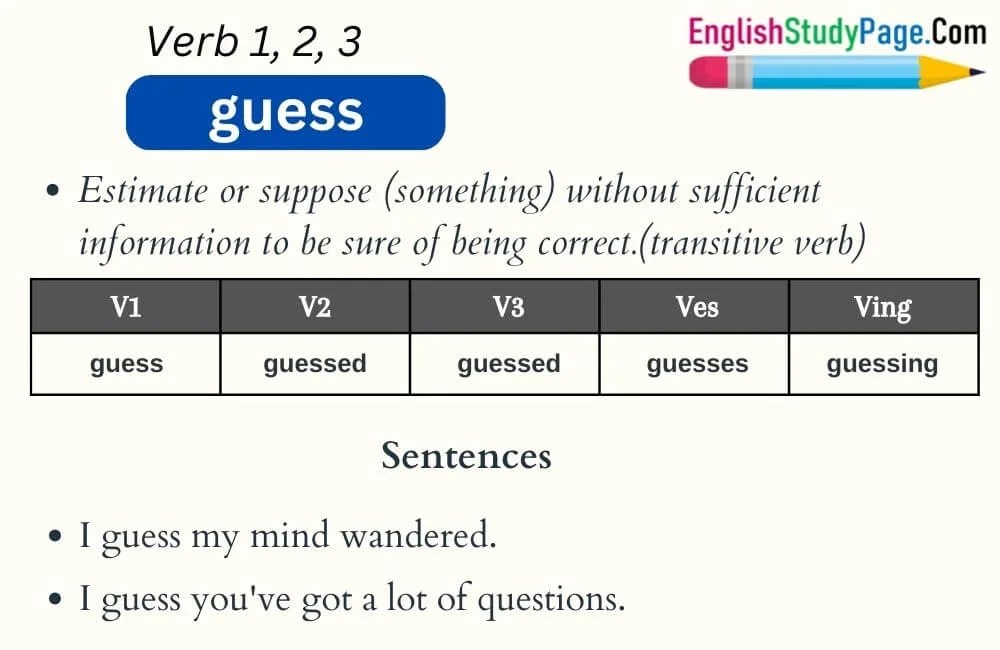 Guess Verb 1 2 3, Past and Past Participle Form Tense of Guess V1 V2 V3