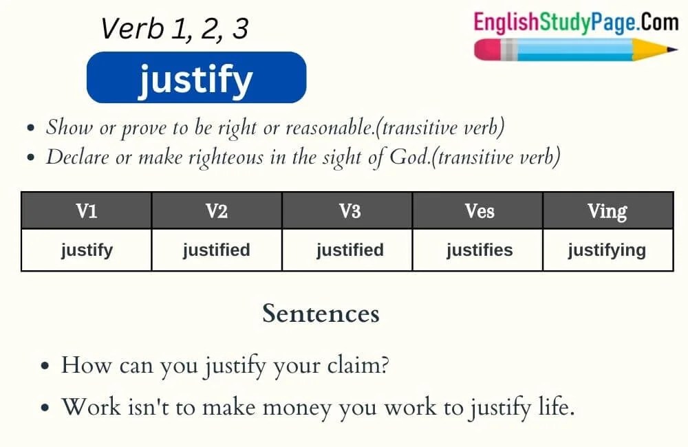 Justify Verb 1 2 3, Past and Past Participle Form Tense of Justify V1