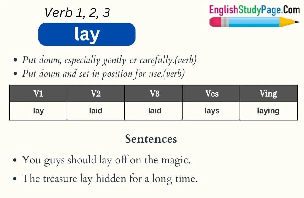 Lay Verb 1 2 3, Past and Past Participle Form Tense of Lay V1 V2 V3