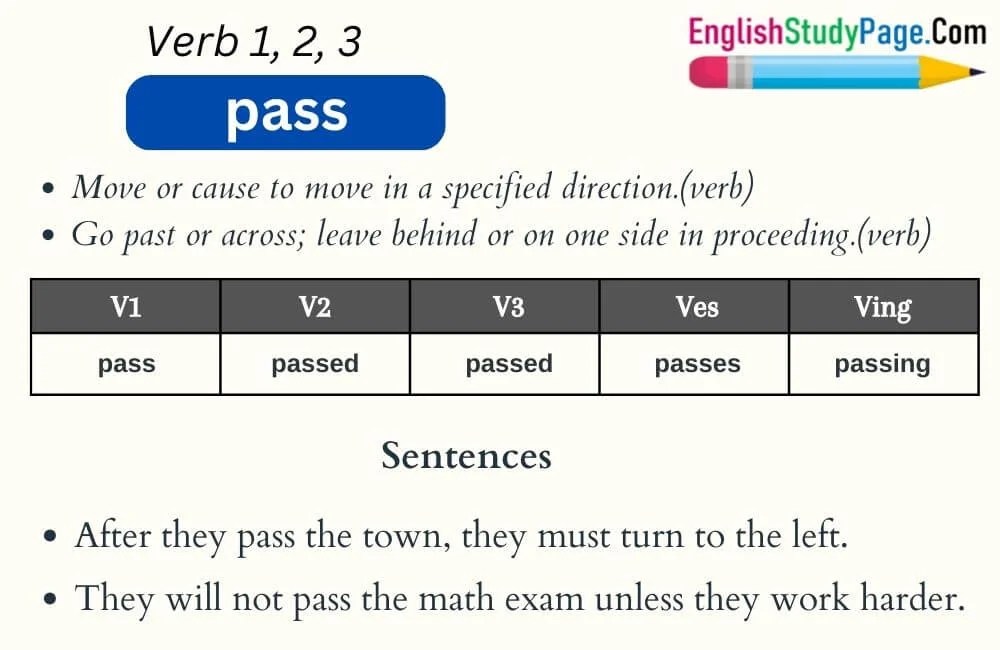 Pass Verb 1 2 3, Past and Past Participle Form Tense of Pass V1 V2 V3 English Study Page