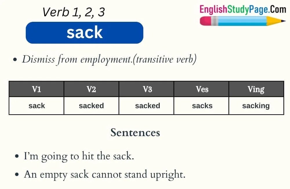 Sack Verb 1 2 3, Past and Past Participle Form Tense of Sack V1 V2 V3