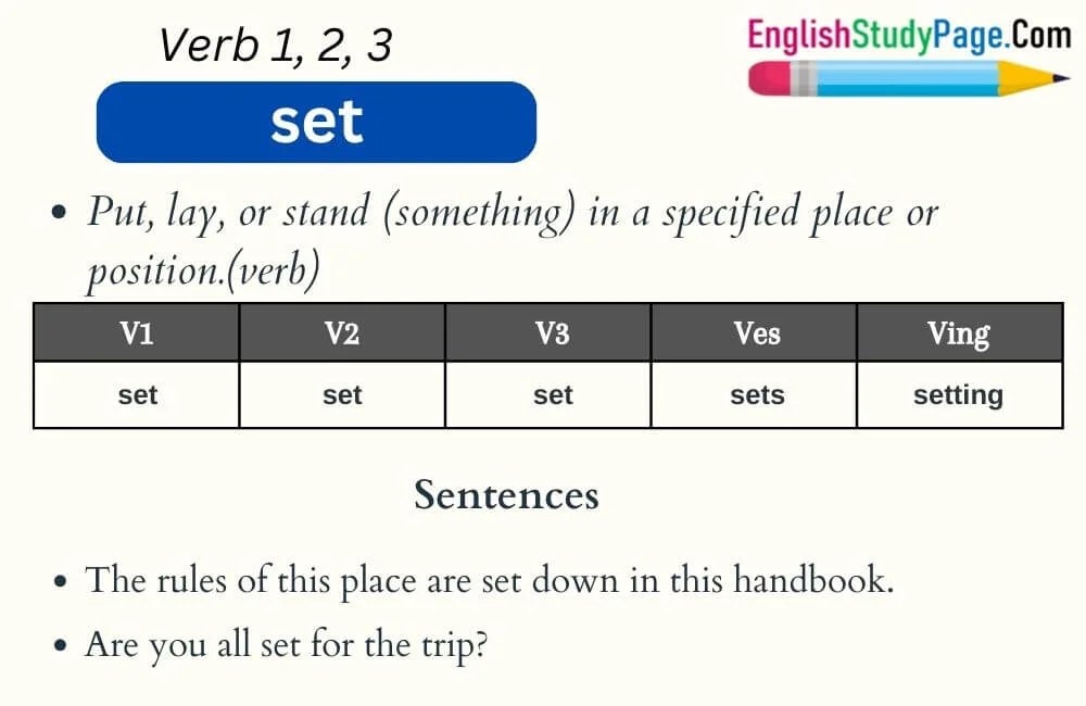 Set Verb 1 2 3, Past and Past Participle Form Tense of Set V1 V2 V3