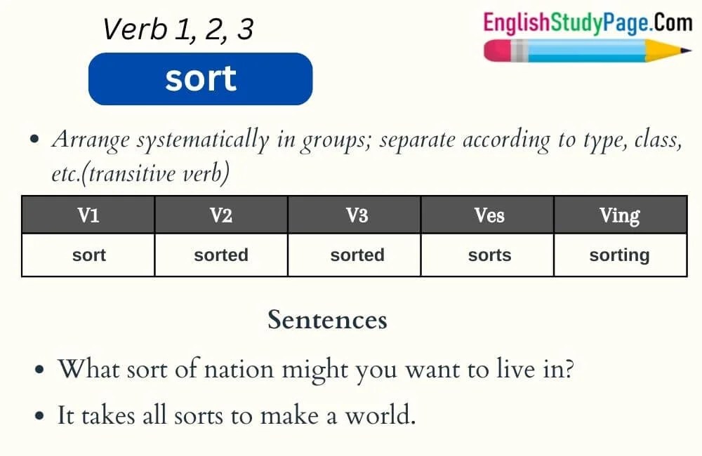 Sort Verb 1 2 3, Past and Past Participle Form Tense of Sort V1 V2 V3