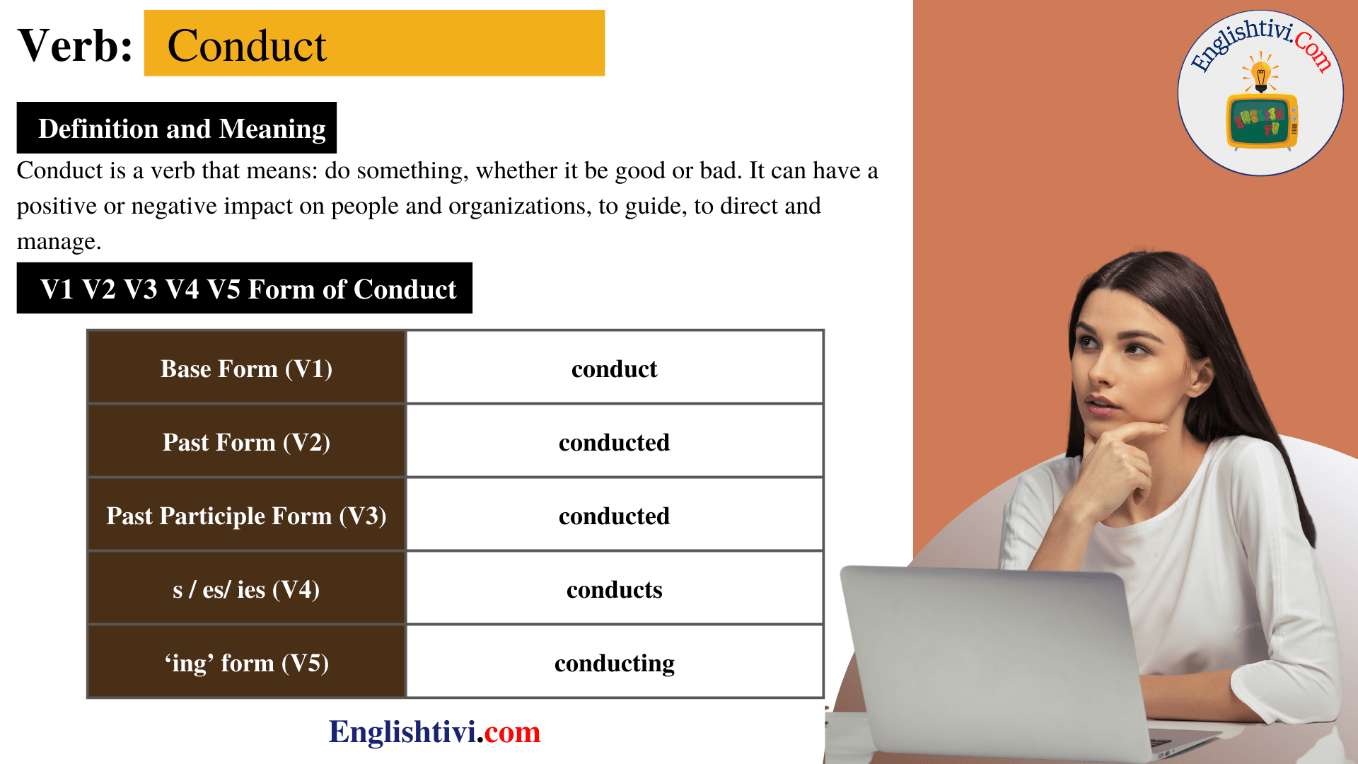 Conduct V1 V2 V3 V4 V5 Base Form, Past Simple, Past Participle Form of conduct Englishtivi
