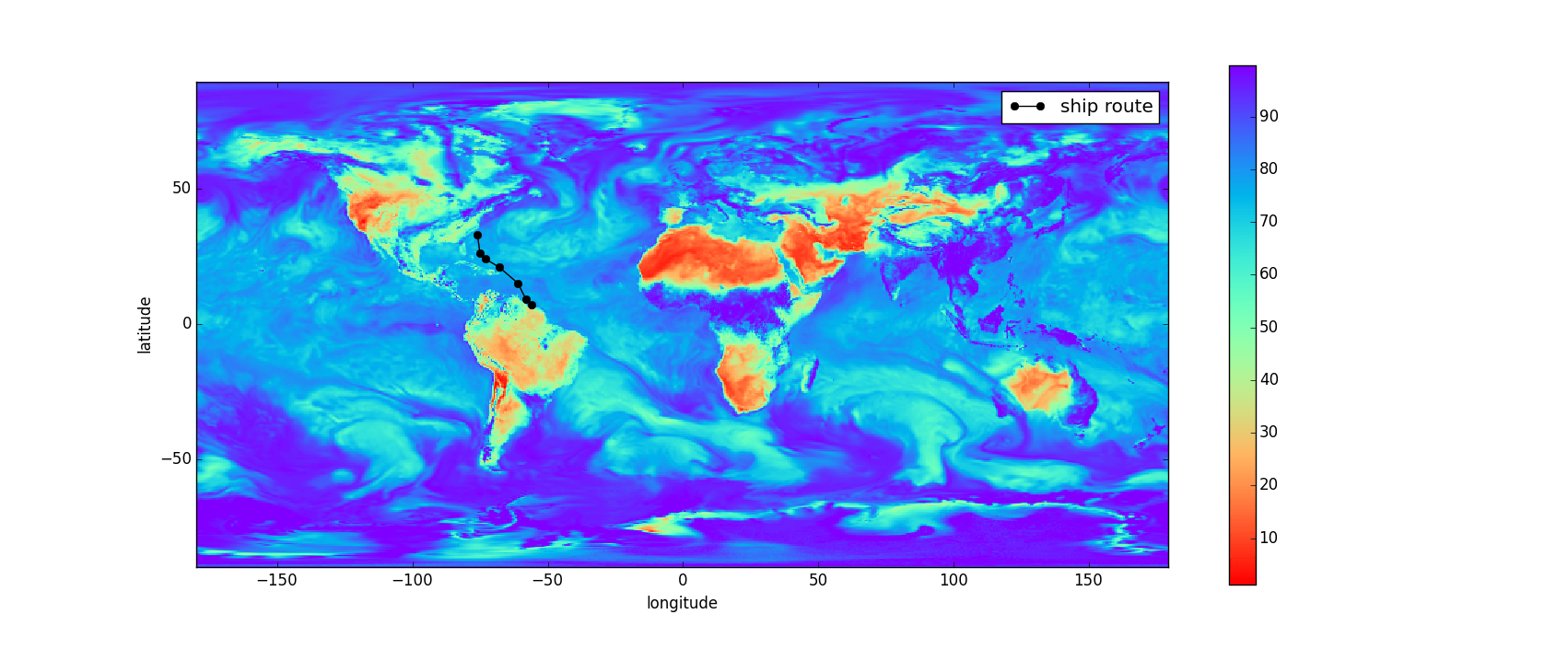 Average Relative Humidity World Map Implementing a geospatial database with Python — Eniram developers' blog