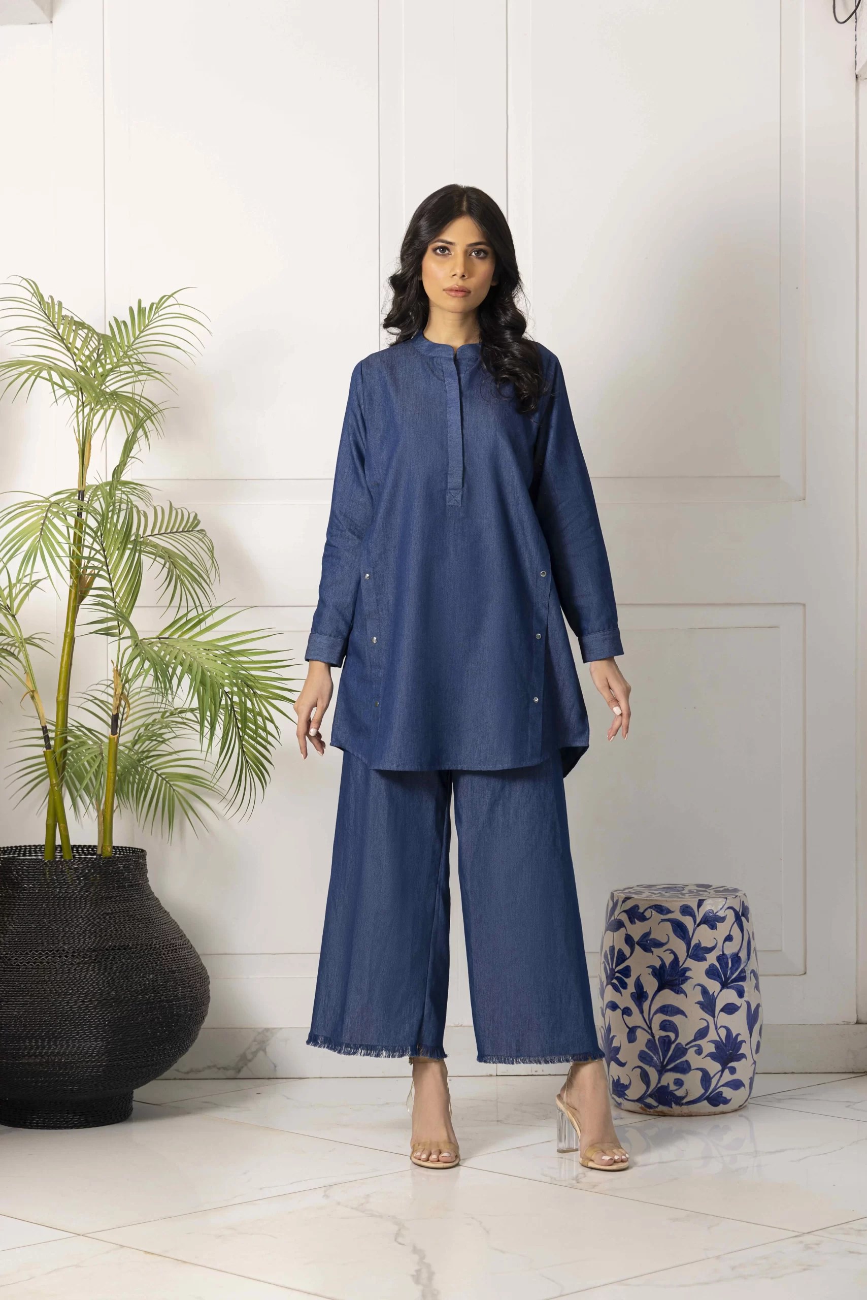 Blue denim shirt with matching azaar pants with detailing SHK1033