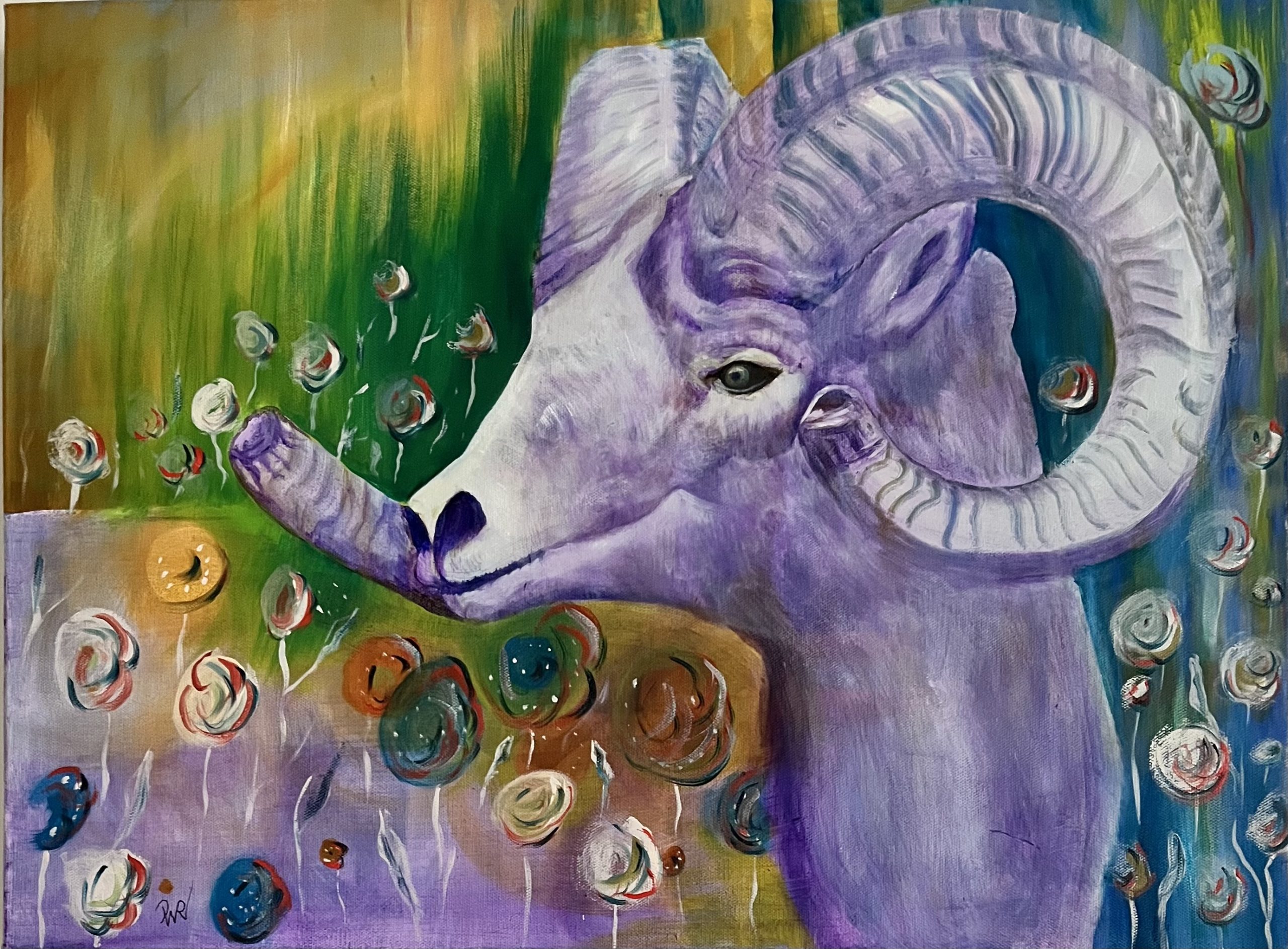 Goat in the Flower Field Enthralling Art by Desley