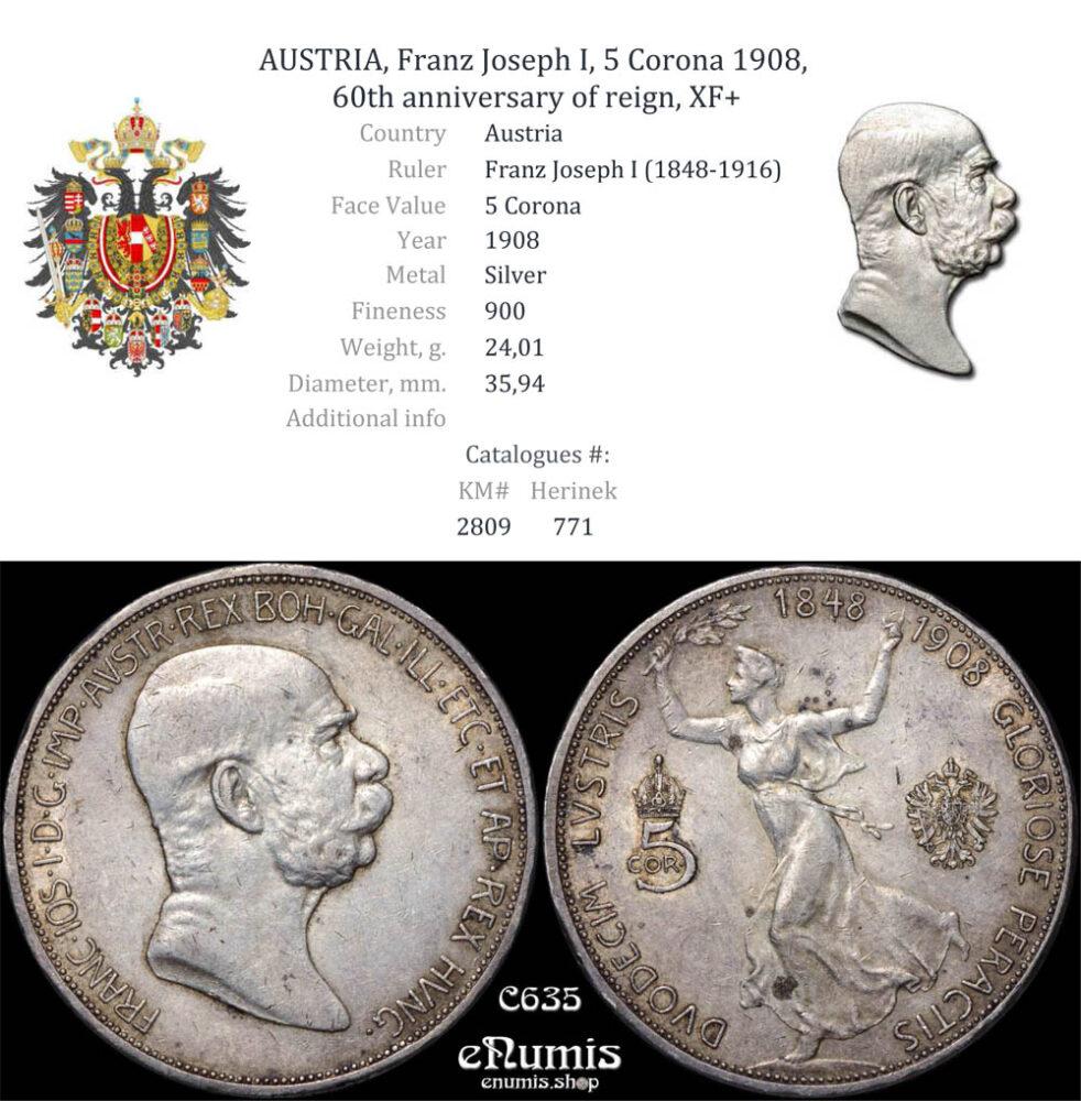 AUSTRIA, Franz Joseph I, 5 Corona 1908, Ann. of reign, XF+