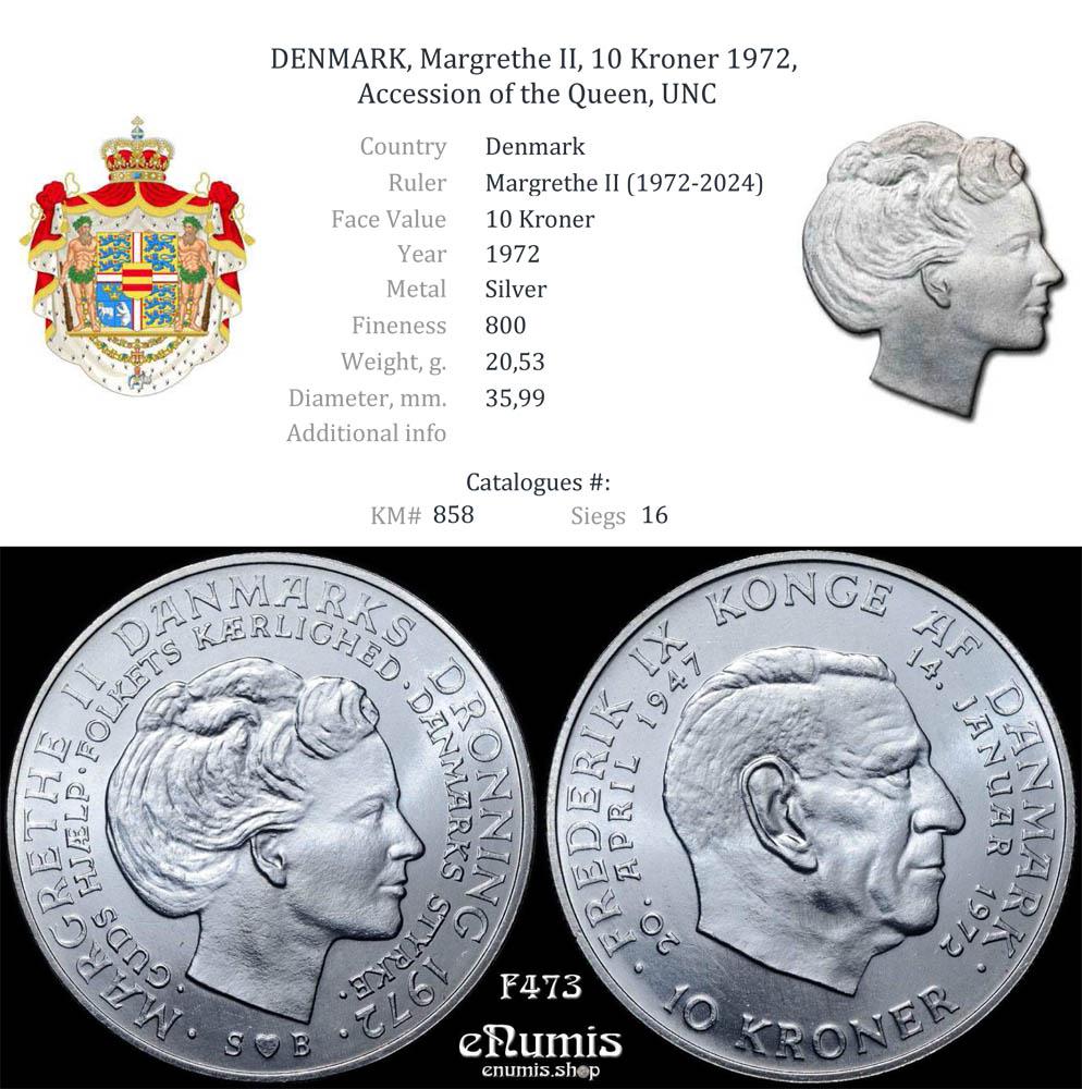 DENMARK, Margrethe II, 10 Kroner 1972, Accession, UNC
