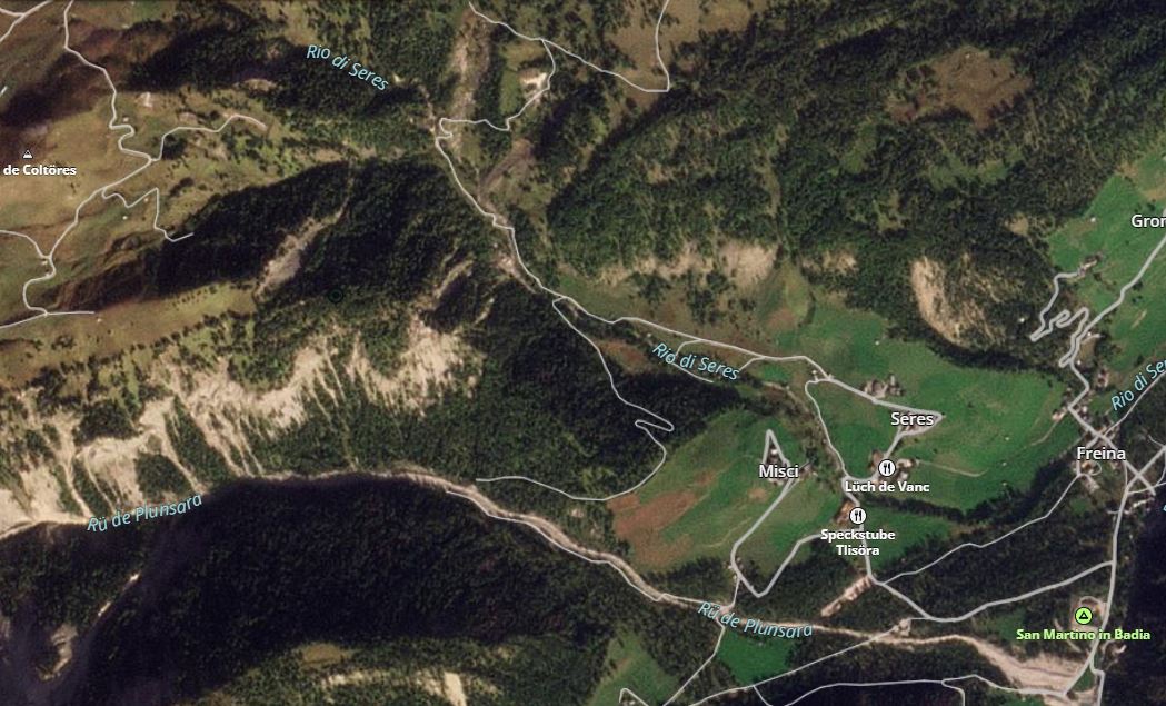 Satellite image of the area around Longiarù before the landslide.
