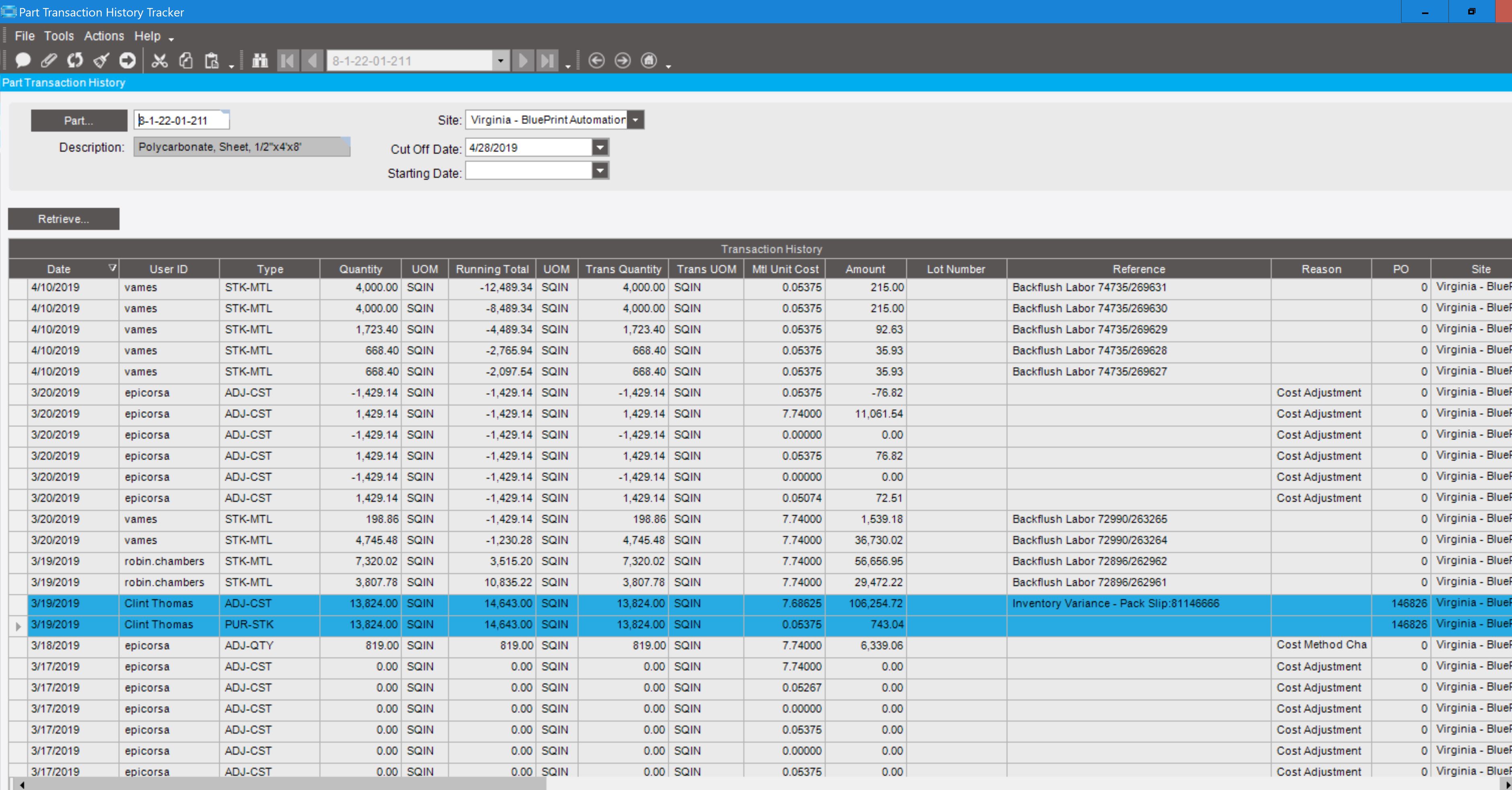 Strange Mtl Unit Cost Calculation in Part Tran Hist Tracker Epicor