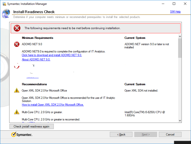 Symantec Installation Manager prerequisite missing Endpoint