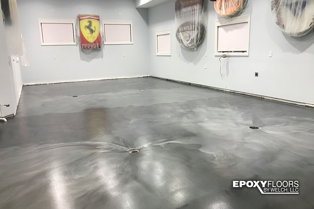 Custom Metallic Gunmetal mixed with pearl Epoxy Flooring Kansas City