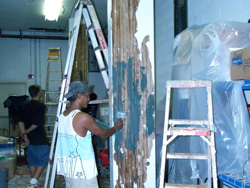 C. Columns are surface veneered with polyester paste to seal holes and cracks.