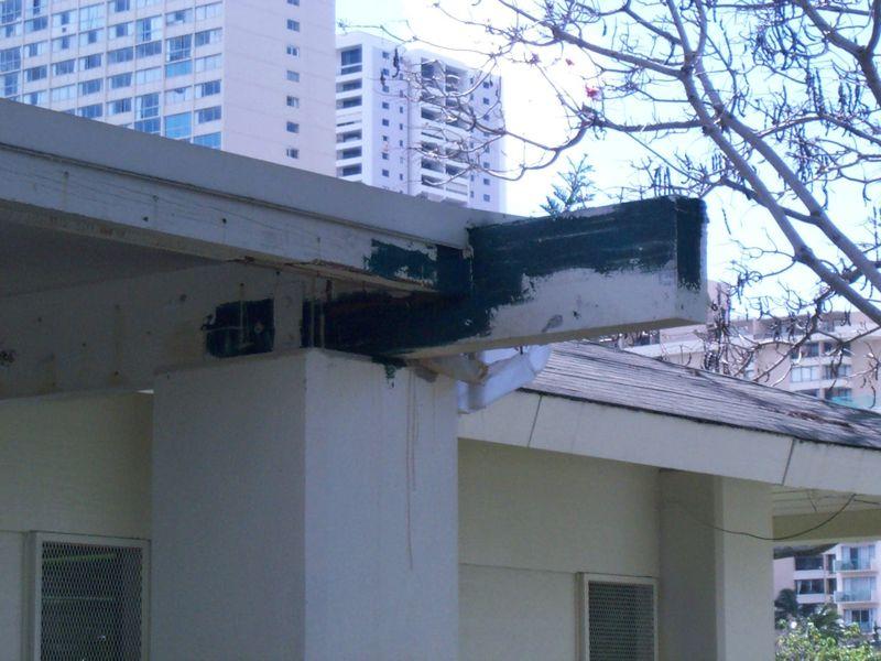 C. Termite damage to fascia beams.