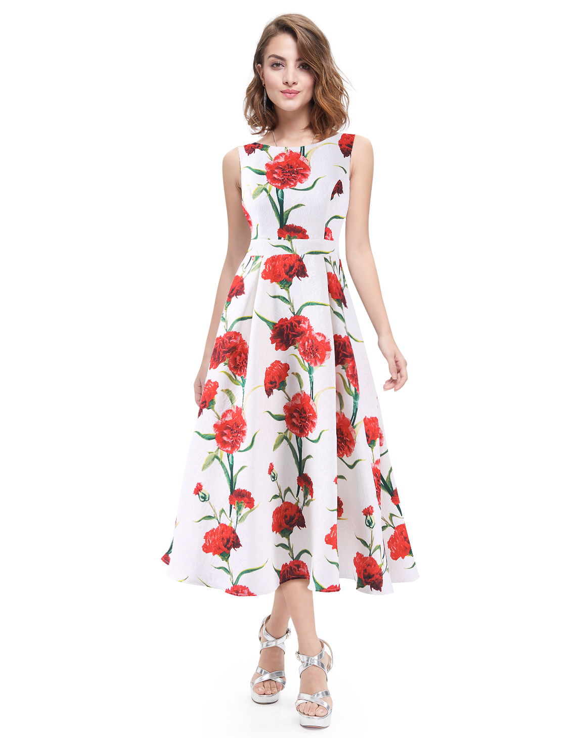 Women Summer Dresses Flower Printed Dress Knee Length Sleeveless
